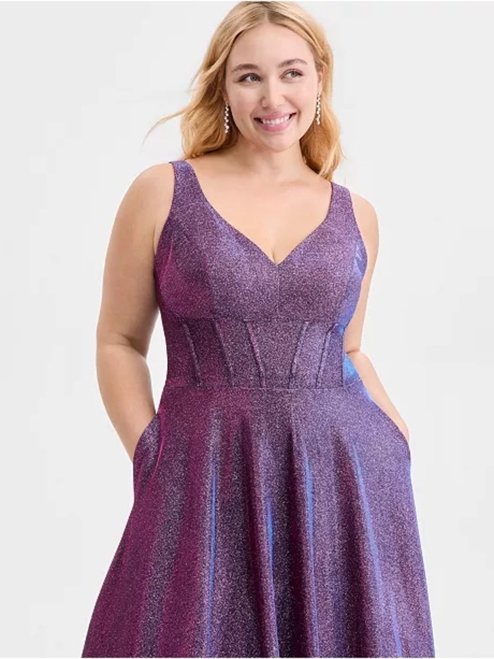 Macy’s City Studios Trendy Plus Size Glitter V-Neck Sleeveless Gown - Picture 5 of 8
